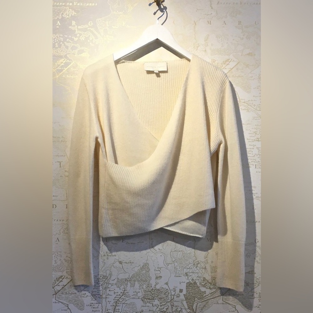 Michelle Mason / cashmere blend ribbed cross wrap v-neck Cream Sweater S